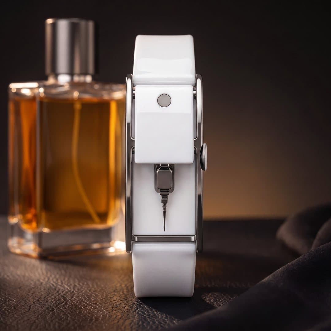 Weißes Parfüm-Armband neben einer Parfümflasche